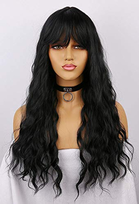aSulis Black Curly Wavy Hair Wigs with Bangs for Women Heat Friendly Synthetic Hair Wigs Black aSulis Black Curly Wavy Hair Wigs with Bangs for Women Heat Friendly Synthetic Hair Wigs Black