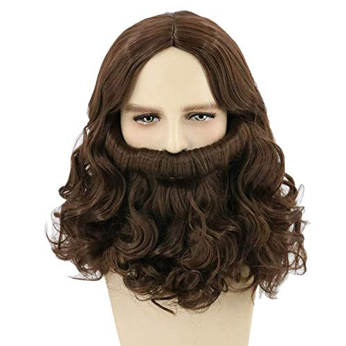 Topcosplay Biblical Jesus Wig and Beard Mens Wigs Brown Halloween Costume Wig