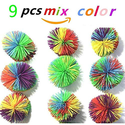 AFUNNY Pack of 9pcs Mix Color Monkey Stringy Balls, Size of 7cm /3 inches Stringy Play Ball, Sensory Fidget Toys, Stress Balls with Rainbow Pom Ball, Koosh Ball Colorful Bouncy Ball