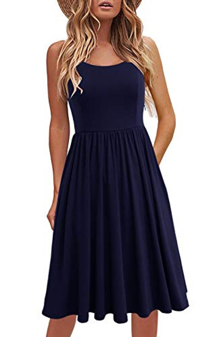 Lyrur Womens Spaghetti Straps Casual Beach Summer Dress Aline Swing Cotton Midi Sundresses with Pockets S 9107Navy Blue