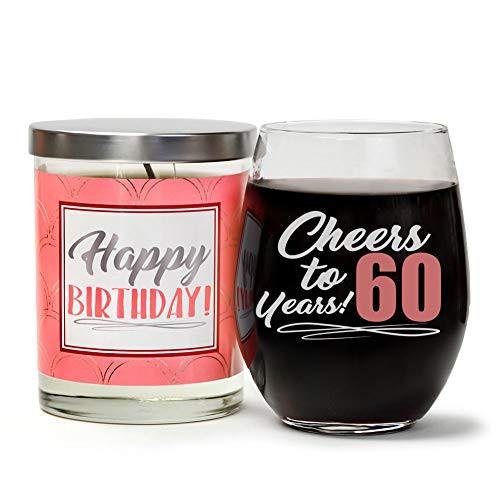 Cheers to 60 Years Happy 60th Birthday Gifts for Women Birthday Gift Set Cute Stemless 15 oz Wine Glass Happy Birthday Luxury Scented 10 oz Soy Candle Vanilla Sandalwood Amber Cheers to 60 Years Happy 60th Birthday Gifts for Women Birthday Gift Set Cute Stemless 15 oz Wine Glass Happy Birthday Luxury Scented 10 oz Soy Candle Vanilla Sandalwood Amber
