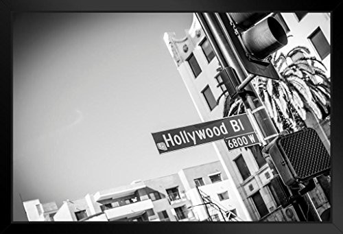 Hollywood Boulevard Sign Black and White BW Photo Art Print Black Wood Framed Poster 20x14