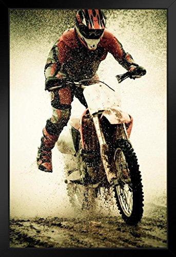 Dirt Bike Rider Splashing Water Photo Black Wood Framed Art Poster 14x20