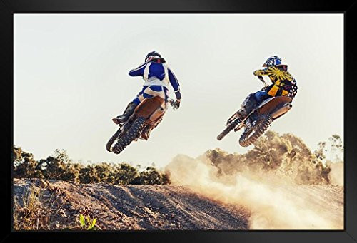 Taking It to The Sky Dirt Bike Riders During Jump Photo Black Wood Framed Art Poster 20x14