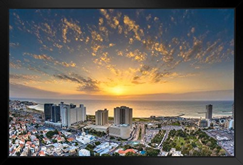 Sunset Over Tel Aviv Beach Israel Photo Art Print Black Wood Framed Poster 20x14