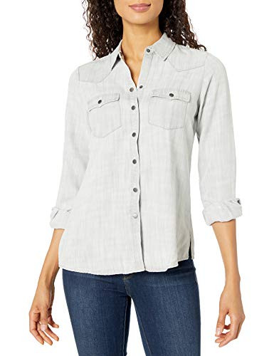 Foxcroft Womens Long Sleeve Denim Tencel Blouse Silver 4