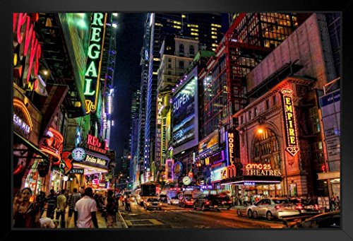 New York City Times Square Theater District Illuminated at Night Photo Black Wood Framed Art Poster 20x14 New York City Times Square Theater District Illuminated at Night Photo Black Wood Framed Art Poster 20x14