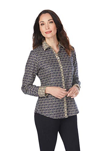 Foxcroft Petite AVA Chains Jacquard LS Shirt Navy