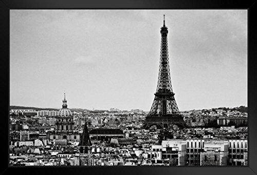 View of The City Eiffel Tower Paris France Black and White BW Photo Art Print Black Wood Framed Poster 20x14