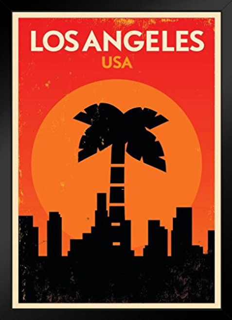Los Angeles California USA Skyline Palm Tree Retro Travel Art Print Black Wood Framed Poster 14x20 Los Angeles California USA Skyline Palm Tree Retro Travel Art Print Black Wood Framed Poster 14x20