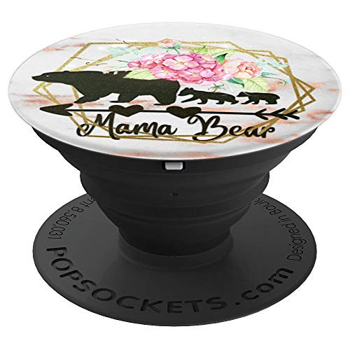 Black Floral Color Mama bear with Two cubs on Rose Pink PopSockets Grip and Stand for Phones and Tablets