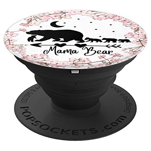 Cherry Blossoms Black Mama Bear Four Cubs On White PopSockets Grip and Stand for Phones and Tablets