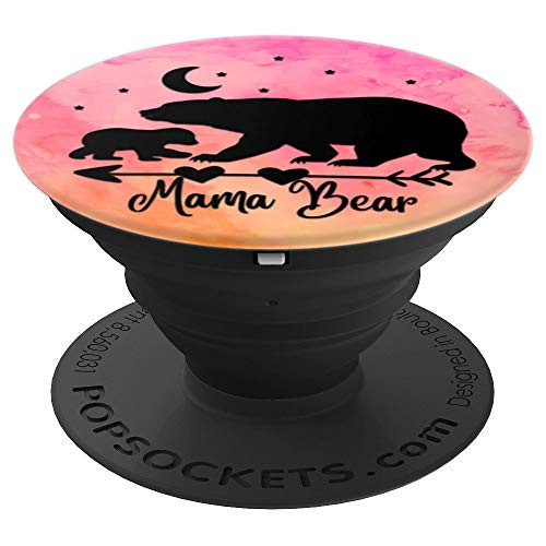 Black Mama Bear and One Cub On Pink Orange Watercolor PopSockets Grip and Stand for Phones and Tablets