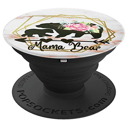 Black Color Mama bear with One cub on Rose Pink Marbled Look PopSockets Grip and Stand for Phones and Tablets