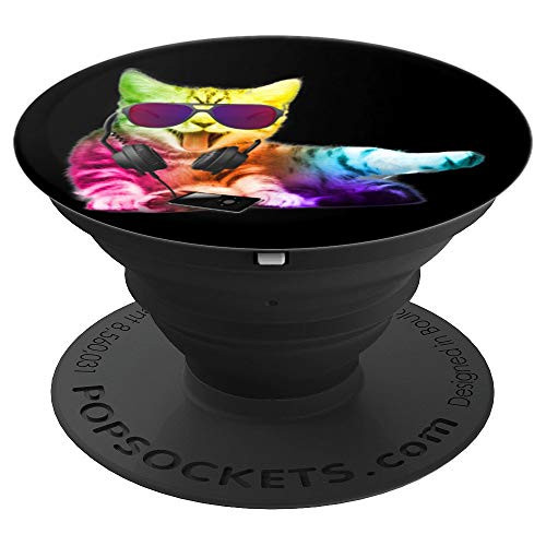 Neon DJ Cat Electro Music EDM Rave Men Women Gift PopSockets Grip and Stand for Phones and Tablets
