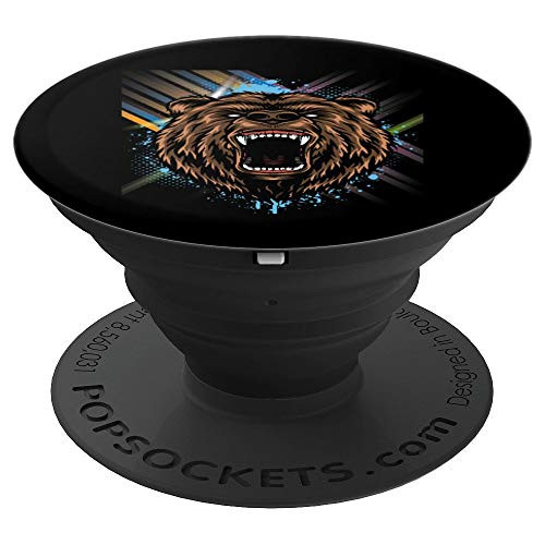 Growling Brown Bear Angry Face Colored Lines Animal Lover PopSockets Grip and Stand for Phones and Tablets