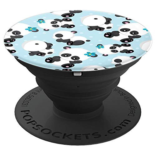 Panda Adorable kawaii Sleepy Bears Baby Blue Flowers Pattern PopSockets Grip and Stand for Phones and Tablets