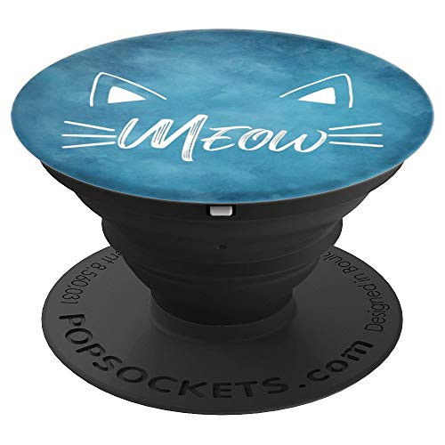 White Meow Cat Kitten Ears On Vintage Blue PopSockets Grip and Stand for Phones and Tablets