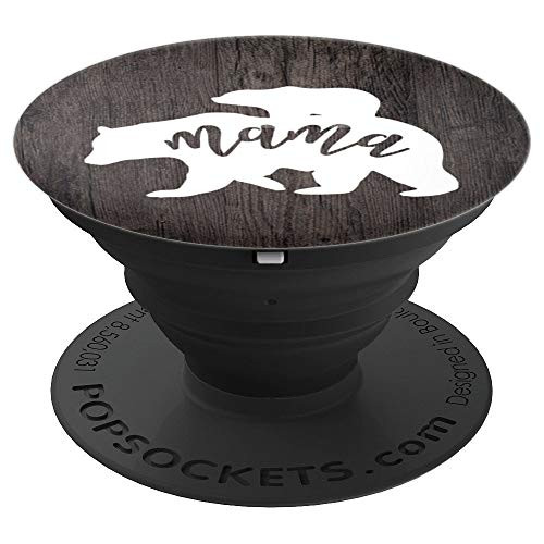 Mama Bear Pop Socket  Woodgrain Baby Cub Riding Mama PopSockets Grip and Stand for Phones and Tablets