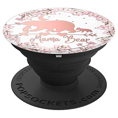 Cherry Blossoms Rose Pink Mama Bear Two Cubs On White PopSockets Grip and Stand for Phones and Tablets