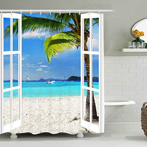 BLEUM CADE Bathroom Shower Curtain Ocean Beach Tropical Palm Trees Shower Curtains Nature Landscape Shower Curtain with 12 Hooks, Waterproof Durable Fabric Bath Curtain for Bathroom Decoration