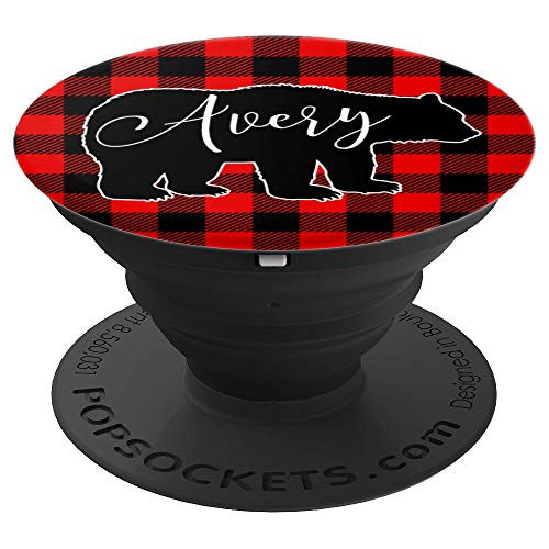 Cute Avery Name Gift Personalized Bear Buffalo Plaid PopSockets Grip and Stand for Phones and Tablets
