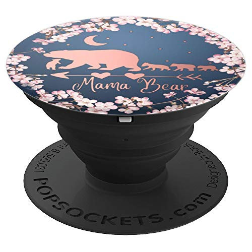 Cherry Blossoms Rose Pink Mama Bear Four Cubs On Navy Blue PopSockets Grip and Stand for Phones and Tablets