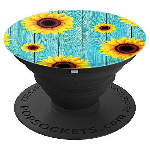 Yellow Sunflowers on Distressed Blue Wood PopSockets Grip and Stand for Phones and Tablets