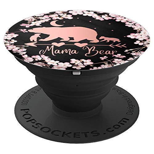 Cherry Blossoms Rose Pink Mama Bear Two Cubs On Black PopSockets Grip and Stand for Phones and Tablets