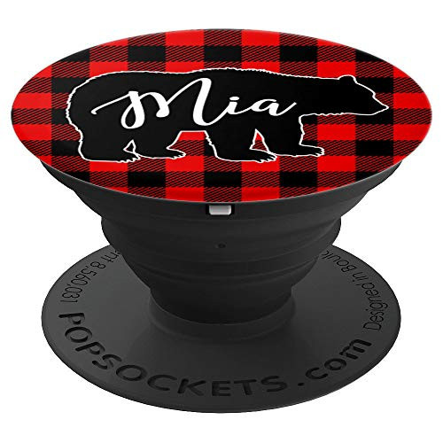 Cute Mia Name Gift Personalized Bear Buffalo Plaid PopSockets Grip and Stand for Phones and Tablets