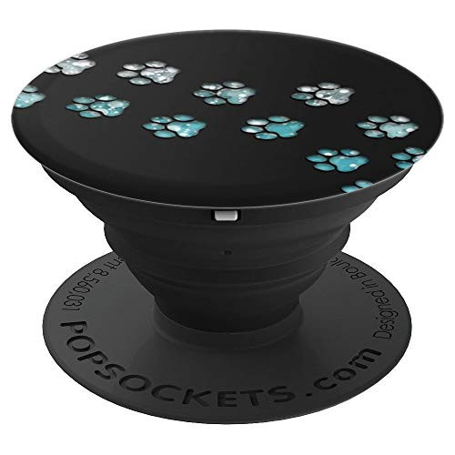 Silver light Blue Dog Paw Print Tracks on Black PopSockets Grip and Stand for Phones and Tablets Silver light Blue Dog Paw Print Tracks on Black PopSockets Grip and Stand for Phones and Tablets