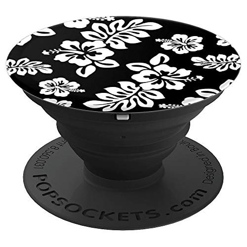 Hawaiian Print Hibiscus Plumeria Floral Black and White PopSockets Grip and Stand for Phones and Tablets