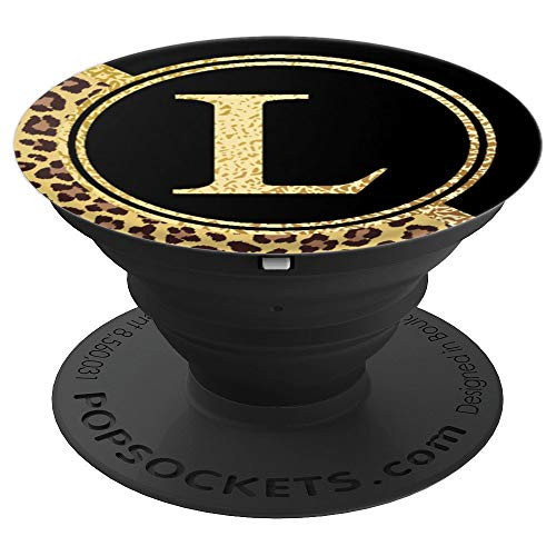 Initial L Monogram Leopard Print Pattern on Black PopSockets Grip and Stand for Phones and Tablets