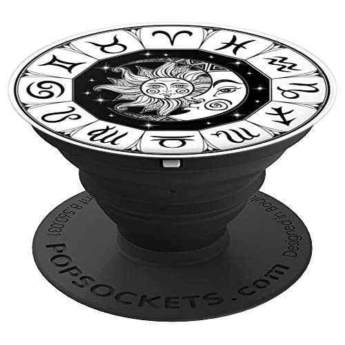 Black  White Zodiac Astrological Circle with Sun  Moon PopSockets Grip and Stand for Phones and Tablets