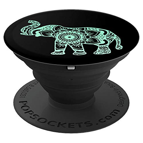 Black Seafoam Mint Floral Mandala Flower Elephant Design PopSockets Grip and Stand for Phones and Tablets
