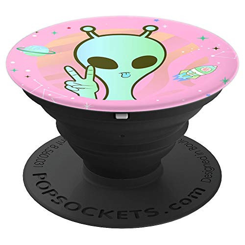 Peace Sign Hand Planet Stars UFO Cool Trippy Green Alien PopSockets Grip and Stand for Phones and Tablets