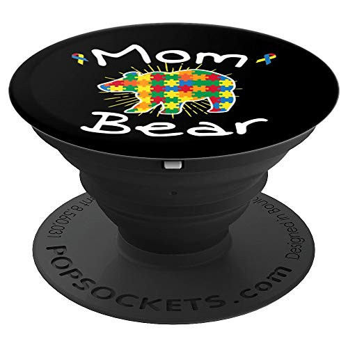 Mom Bear Puzzle Piece Inspirational Autism Awareness Gift PopSockets Grip and Stand for Phones and Tablets