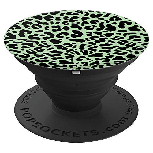 Celadon Green Black Leopard Print Cheetah Animal Pattern PopSockets Grip and Stand for Phones and Tablets