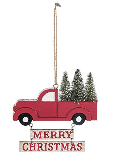 Sullivans Merry Christmas Red Pickup Truck 4.5 x 3.5 Inch Wood Christmas Ornament