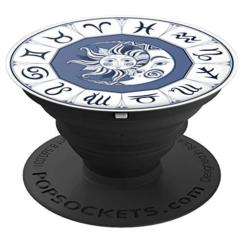 Blue Gray  White Zodiac Astrological Circle Sun Moon PopSockets Grip and Stand for Phones and Tablets
