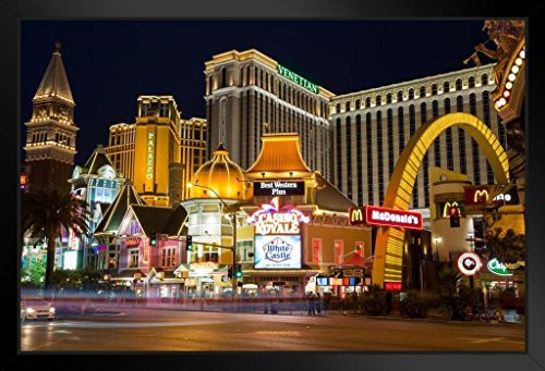 Las Vegas Nevada Strip Illuminated at Night Venetian Palazzo Hotels Photo Art Print Black Wood Framed Poster 20x14 inch
