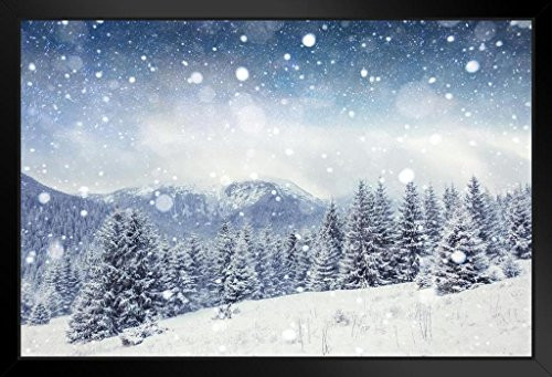 Snowy Winter Night Mountain Forest Starry Sky Pine Trees Photo Black Wood Framed Poster 20x14 inch