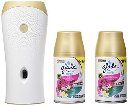 Glade Automatic Spray Refill and Holder Kit Air Freshener for Home and Bathroom Tropical Blossoms 62 Oz 2 Count