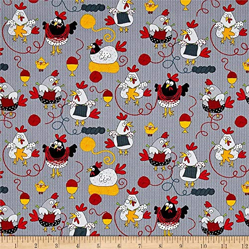 Timeless Treasures Knitting Chickens Yard Grey