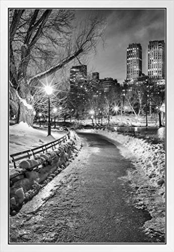 New York City Central Park Wintery Path BW Photo Photograph White Wood Framed Poster 14x20