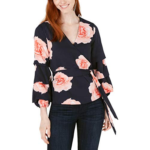 Bar III Womens Floral Puff Sleeve Wrap Top Navy XS