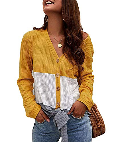 Womens Bikini Beach Swimwear Cover Up Waffle Knit Tunic Blouse Tie Knot Casual Tops V Neck Long Sleeve Henley Shirt Yellow