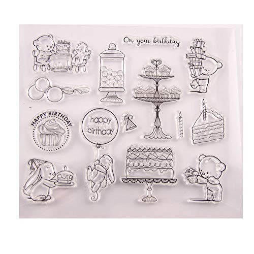 59 by 67 Inches Cake Happy Birthday Rabbit Bear Clear Rubber Stamps for Scrapbooking Card Making Birthday Craft Stamps