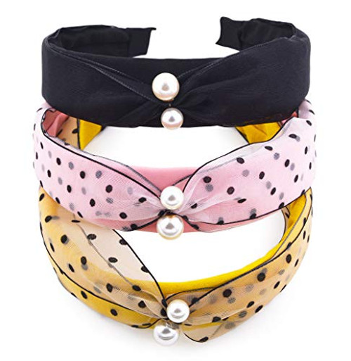 STHUAHE 3 Pack Fashion Headbands Gauze with Faux Pearl Wide Hairband Knot Turban Headband Vintage Headwear Elastic Hair Hoops Hair Accessories by Beauty Hair for Women and Girls 3colors
