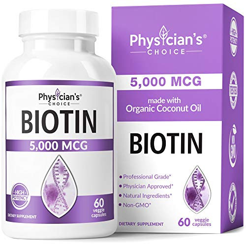 Biotin 5000 MCG  Vitamin B7 with Coconut Oil  Natural Biotin Supplement for Hair Growth Nail  Skin Health  Vegan  NonGMO  Skin Hair and Nail Vitamins  60 Capsules